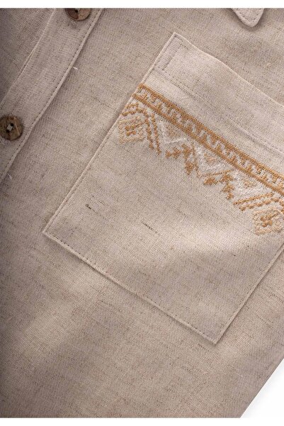 Cigit Pocket Embroidered Shirt Trousers Linen Set 2-7 Years Natural