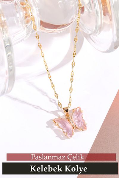 Nehir Trend Stainless Tarnish Steel Butterfly Necklace Valentines Women Fathers Teachers Day Gift
