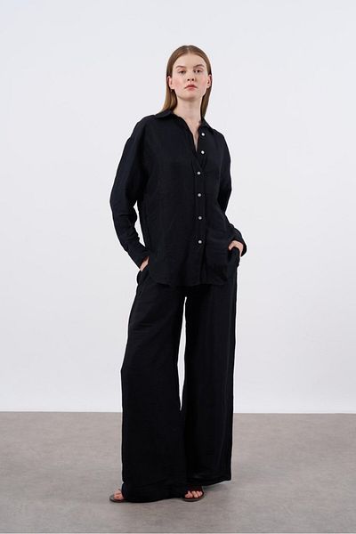 FEMMESTUDIO Women's Black Button Detailed Linen Shirt Pants Set