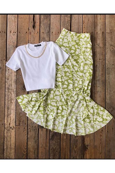 tülaybutik Women's Summer Floral Ruffle Skirt Product Length 80 cm