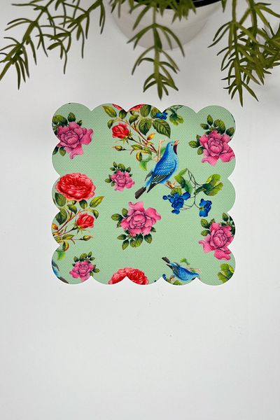 DECO Vanilla Light Green Background Blue Bird Patterned Digital Printed Laser Cut Cocktail Napkin