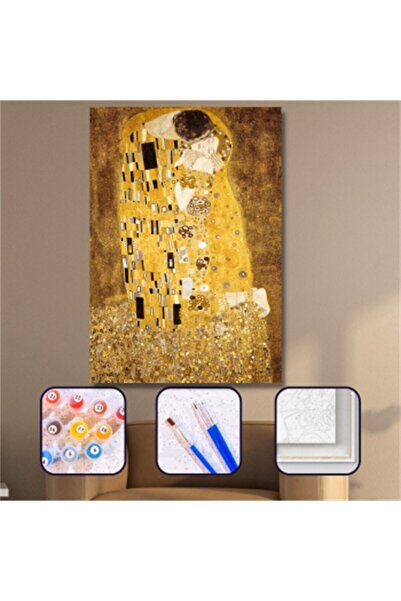 Pastelya Sayılarla Boyama Seti Çerçeveli Kasnaklı Gustav Klimt Öpücük 40x50 Cm