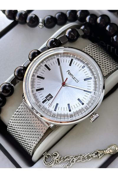 Ferrucci Men's Wristwatch - Silver Color, Steel Cord, Rosary Bracelet, Functions Active