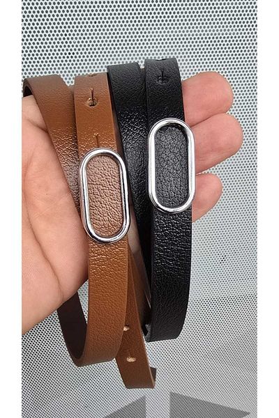 Kemerix 100% Genuine Leather Silver Buckle Thin Black-Tan 2-Piece Belt Set