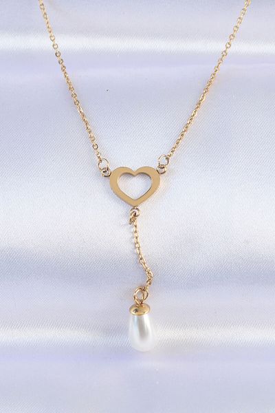Skygo 316L Steel Chain Gold Color Pearl Stone Detail Heart Necklace - Tj-Bko8731