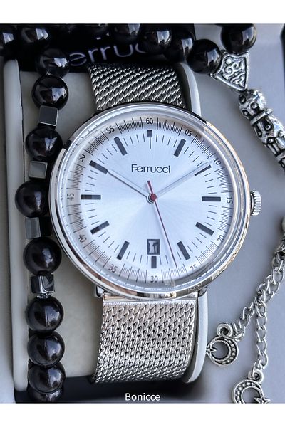 Ferrucci Men's Wristwatch - Silver Color, Steel Cord, Rosary Bracelet, Functions Active