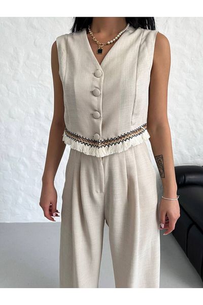 Nisa Luxury Boutique Women's V-Neck Ethnic Tassel Design Summer Vest Suit