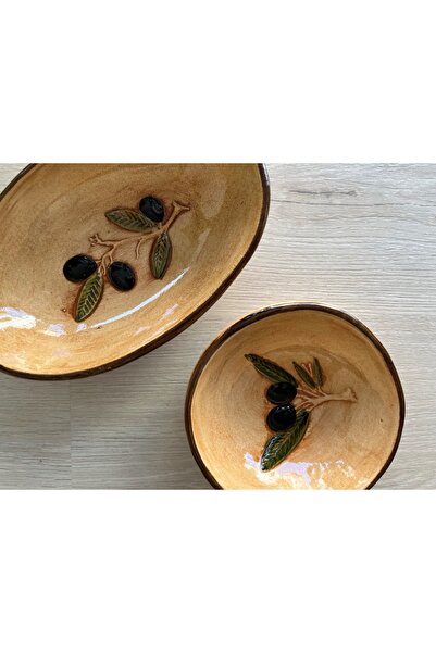EL YAPIMI El Yapımı Zeytin Desenli 2'li Seramik Meze ve Sunum Kase Seti