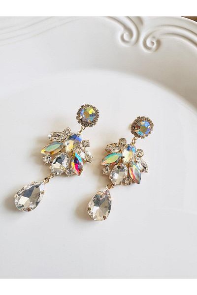 DEVİ fashion Crystal Stone Dangle Evening Dress Earrings 7 cm