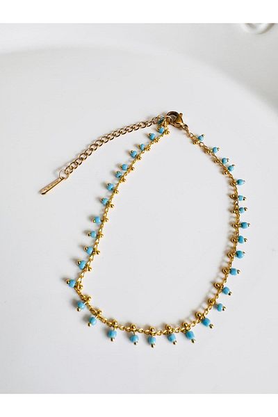 DEVİ fashion Steel Blue Stone Two Row Anklet 22 cm