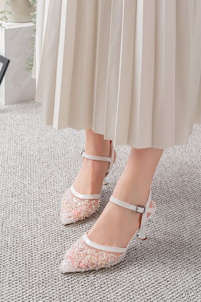 Egepass Diamond Embroidered Detail Beaded Embroidered Brides' Dreamy Evening Dress Women's Shoes with Heels
