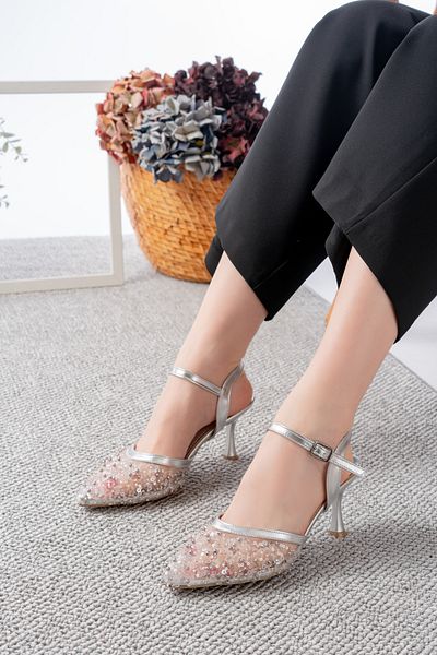 Egepass Diamond Embroidered Detail Beaded Embroidered Brides' Dreamy Evening Dress Women's Shoes with Heels