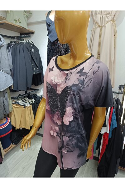 MODA Oversized Butterfly Patterned Blouse with Rhinestone Stretchy Crew Neck ...