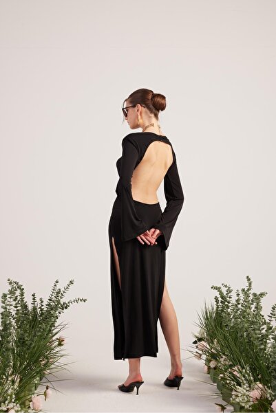 HOLLY LOLLY Esnek Kumaş Sırt Dekolteli Uzun Cameron Elbise Siyah