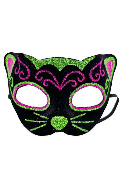 Skygo Black Velvet Coated Cat Mask with Pink Green Glitter Embroidery 20X13 cm