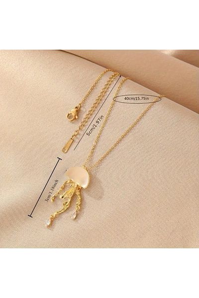 Takıtolia Jellyfish Gold-Tone Teardrop Zirconia Bohemian Stainless Steel Stylish Design Pendant with Jellyfish Figure