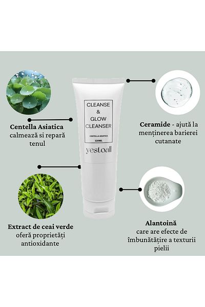 yestoall Gel de curățare cu Centella Asiatica, Ceramide și Extract de ceai verde, Cleanse & Glow