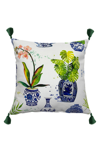 Bally Home Vase and Leaf Patterned Square Tassel Decorative Throw Pillow Cover