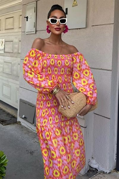 modaserdem Madonna Collar Gipe Detailed Patterned Dress 2746