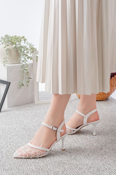 Egepass Diamond Embroidered Detail Beaded Embroidered Brides' Dreamy Evening Dress Women's Shoes with Heels