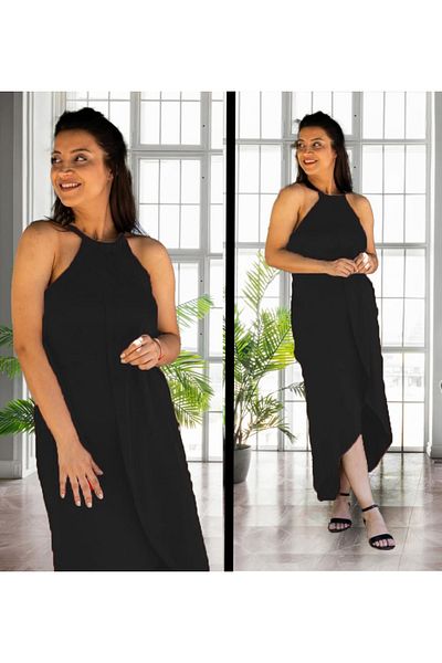 modaserdem Women's Off-The-Shoulder Halter Neck Asymmetrical Cut Detailed Viscose Dress