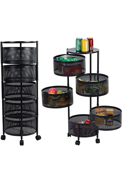 BUNCA 5-Tier Round Rotating Storage Basket with Top Lid Portable Kitchen Storage with Wheels