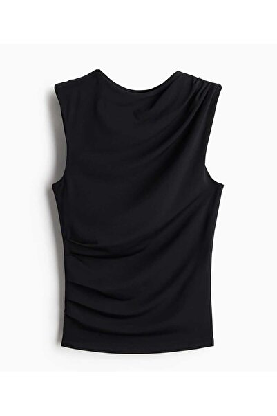 Bubble Kadın Siyah Slim Fit Bluz Degaje Yaka Drapeli Kolsuz Tişört