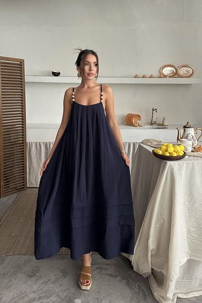 Deridün Yıldız Shoes Navy Blue Strappy Muslin Dress