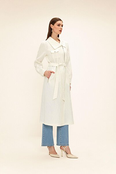 Olcay Handkerchief Collar Zipper Closure Glitter Jacquard Patterned Unlined Cap Ecru 6740