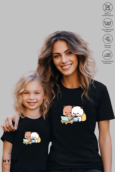 Nyda Collections Mother Father Child Combination Crew Neck Bubu Dudu Printed Black Short Sleeve T-Shirt (Sold Individually)