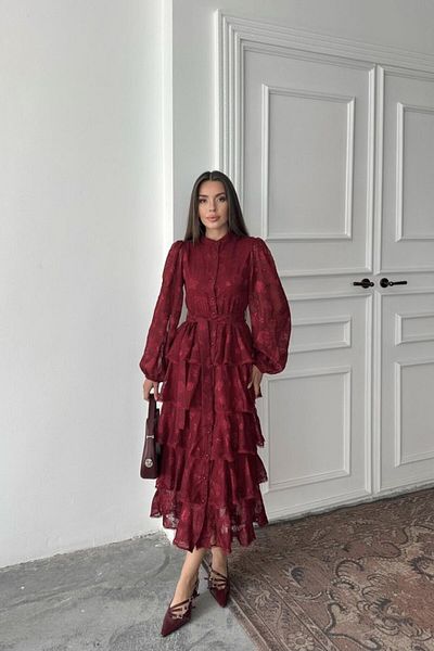 modaserdem Rochie de damă burgundă cu volan în dungi, în straturi, de noapte-absolvire-nunta-rochie de seara