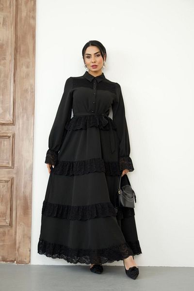 WellWay Atlas Fabric & Lace Detailed Shirt Collar Buttoned Black Dress (Belt Included)-2526