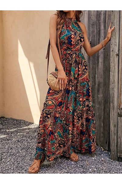 modaserdem Women's Sleeveless Halter Neck Elastic Waistotantic Patterned Micro Fabric Dress