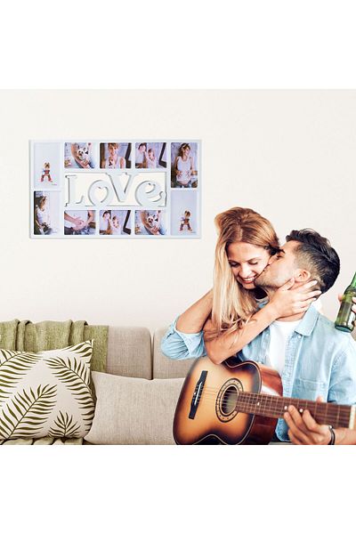 Relaxdays Collage photo frame 10 images, love, 36.5 x 72 x 2 cm, white, Relaxdays
