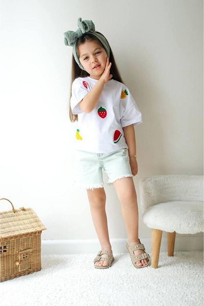 Narin kids Eid Combed Cotton Fruit Detailed Girl's Denim Shorts Suit