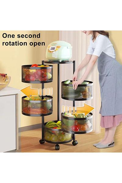 BUNCA 5-Tier Round Rotating Storage Basket with Top Lid Portable Kitchen Storage with Wheels