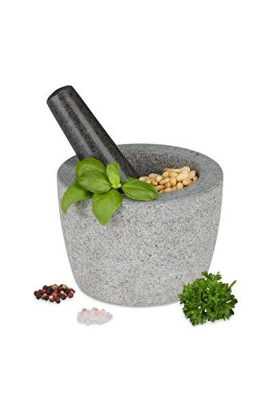 Relaxdays Mortar cu pistil, granit, gri, 10 x 14 cm