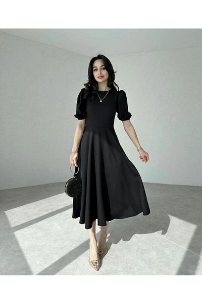 Kokosh moda Women's Short Balloon Sleeve Crew Neck Wide Cut Crepe Dress, Graduation-Special Occasion Dress