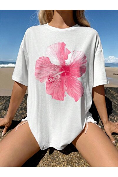 cc collection Tricou oversize pentru femei cu imprimeu cu flori roz