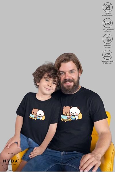 Nyda Collections Mother Father Child Combination Crew Neck Bubu Dudu Printed Black Short Sleeve T-Shirt (Sold Individually)