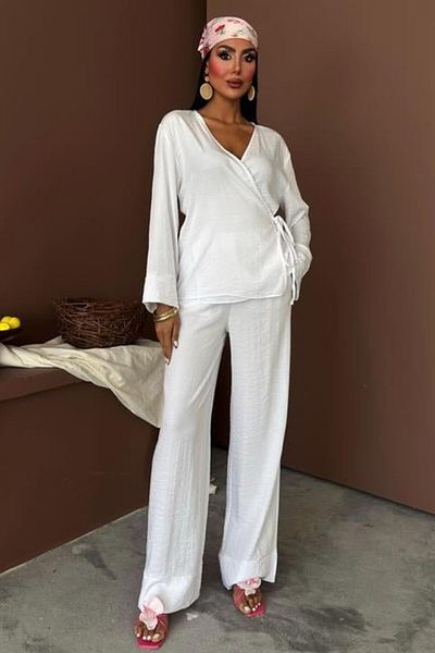 modaserdem Double Breasted Model Classic Chupra Linen Suit with Trousers 10191