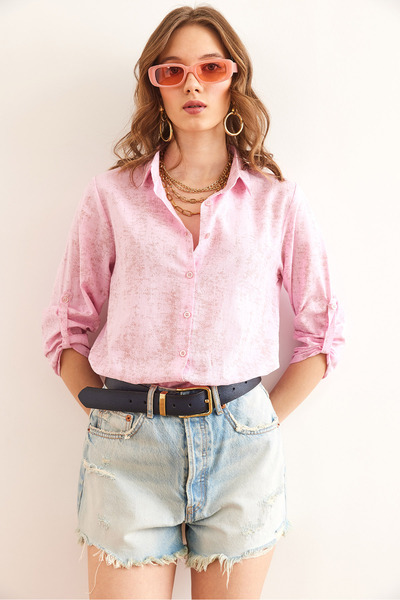 Olalook Női spray rózsaszín ujjú összehajtható vászon ing Gml- 19000825