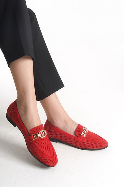 MARSEDO Andra Women's Buckle Round Toe Daily Ballerinas Red