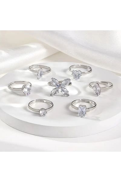 Takıtolia Iris Set of 7 Shiny Stone Stylish Design Multiple Silver Color Adjustable Butterfly & Teardrop Figured Ring Set
