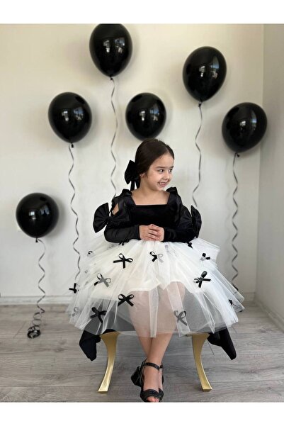 Sare Çocuk Giyim Black White Princess Girl Kid Party Birthday Fluffy Tutu Evening Dress Gown + Buckle + Bow Oversleeve