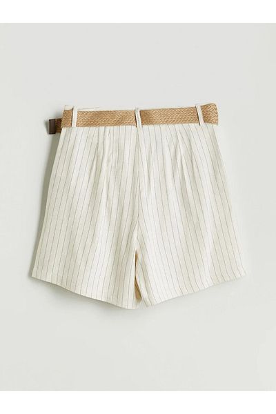 LC Waikiki Γυναικείο σορτς LCW Vision Beige με ριγέ λινό με ζώνη