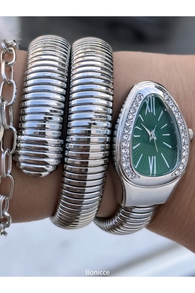 Bonicce Özel Hediyelik Kutuda Gümüş Yeşil Taşlı Yılan Model Kadın Kol Saati Bileklik Nazar Boncuklu Bileklik