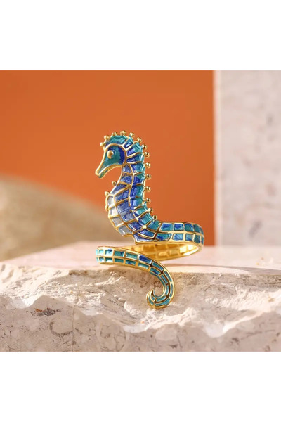 Takıtolia Ocean Okyanus Serisi Fransız Emaye Tasarım Paslanmaz Çelik Gold Altın Ayarlanabilir Denizatı Yüzük