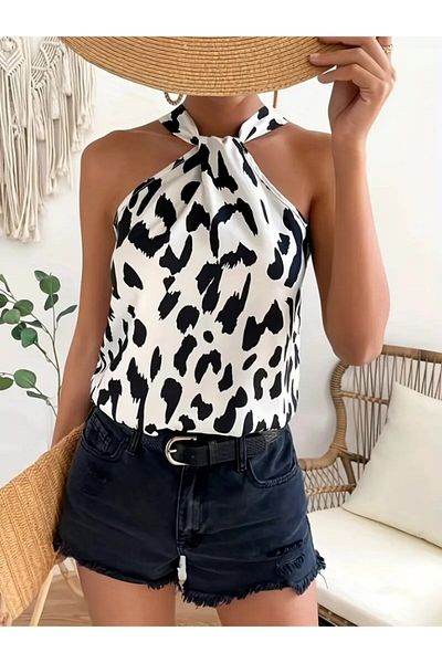 Moka Shopin Mokashopin Women's Off-The-Shoulder Halter Print Diver Blouse