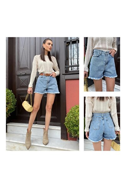 SHİROSA pantaloni scurți cu detaliu cu ciucuri demin